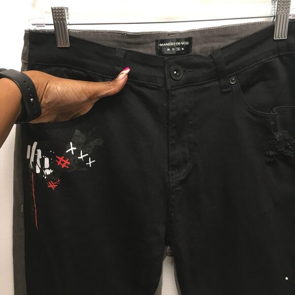 Maniere De Voir Mens Black Gray 2 Pc Set Denim Jacket M Graffiti Skinny Jeans 34 - Picture 9 of 16